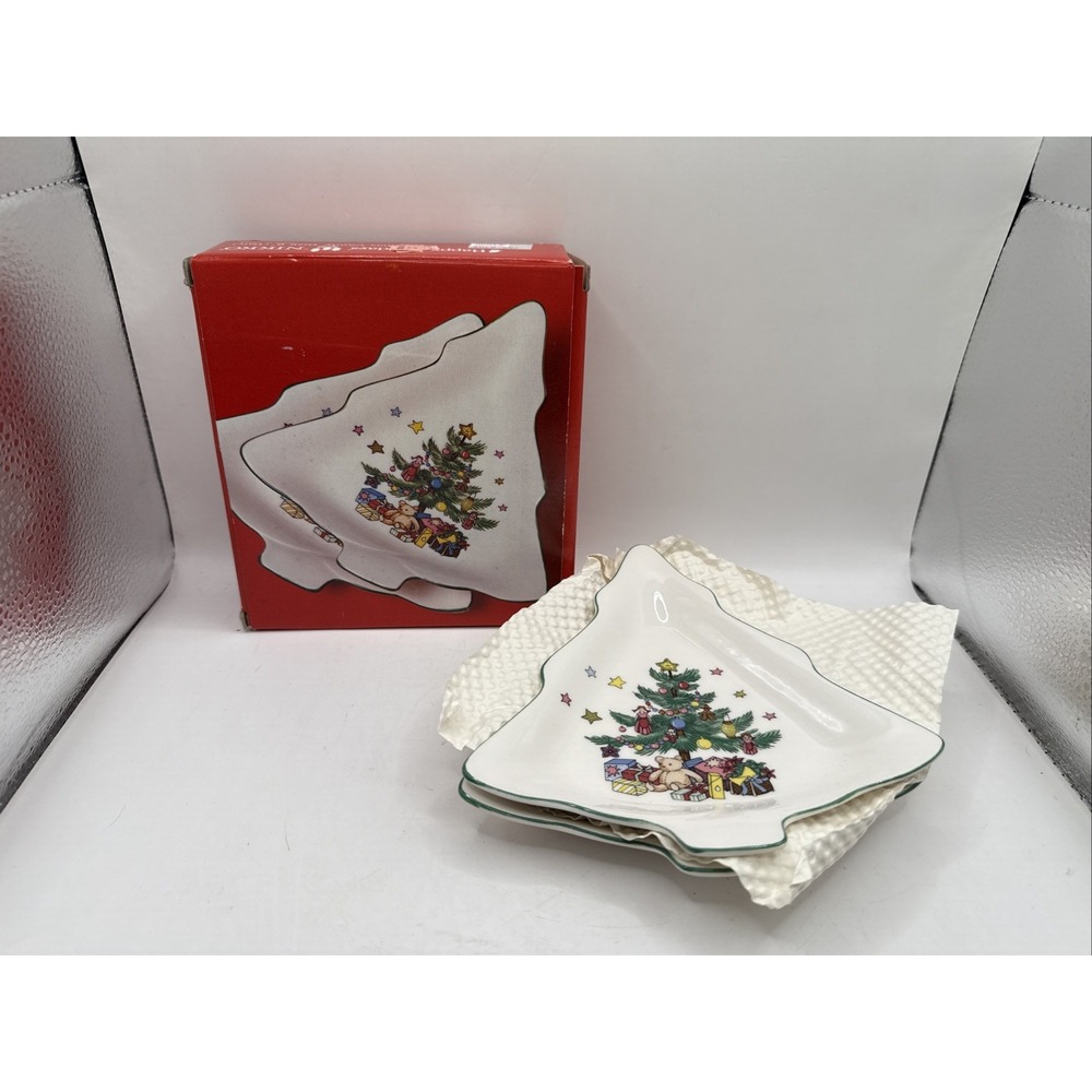Serving Dish Nikko Happy Holidays 2 Christmas Tree Shaped Candy Nut Dish 6" in